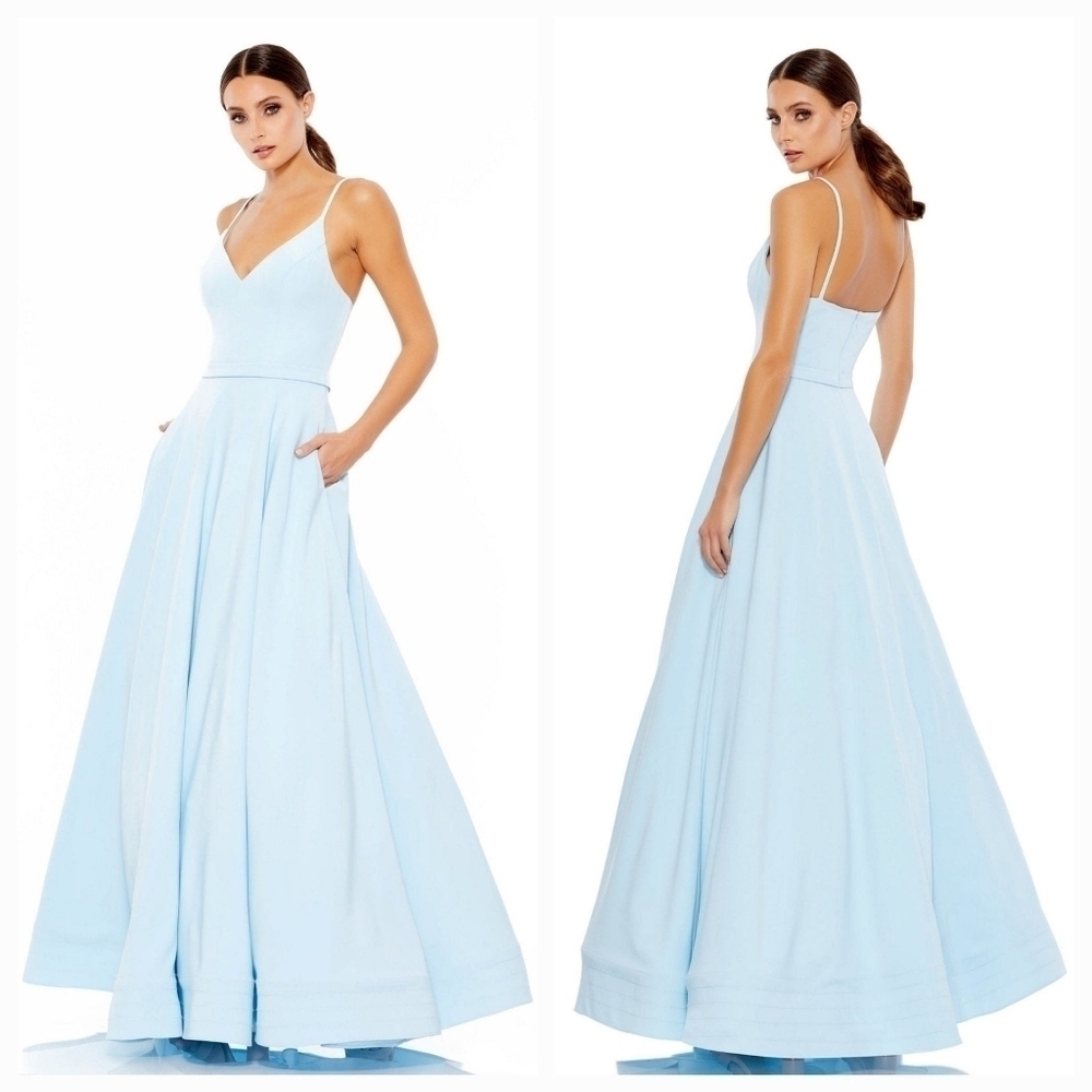 Mac Duggal V Neck Crepe Ballgown Powder Blue